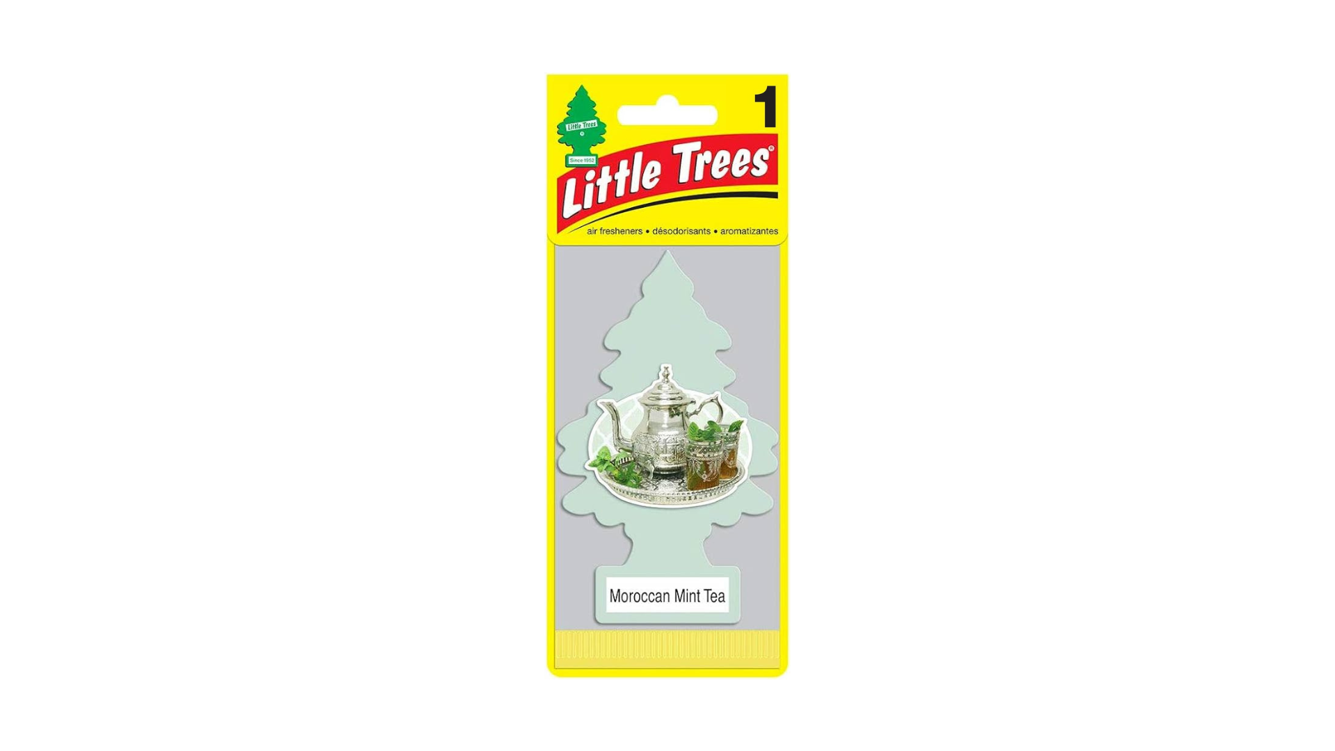 Little Trees air freshener packaging with a tea-themed design on a white background