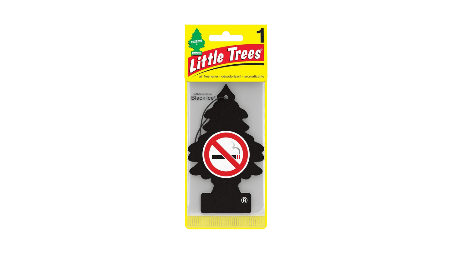 Little Trees air freshener with no smoking sign on a white background