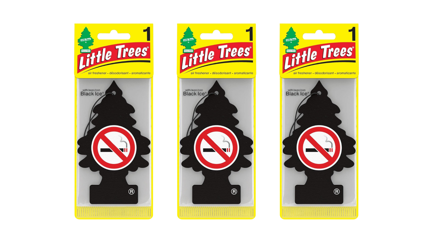 Three packages of Little Trees car air fresheners with no smoking symbol on a white background