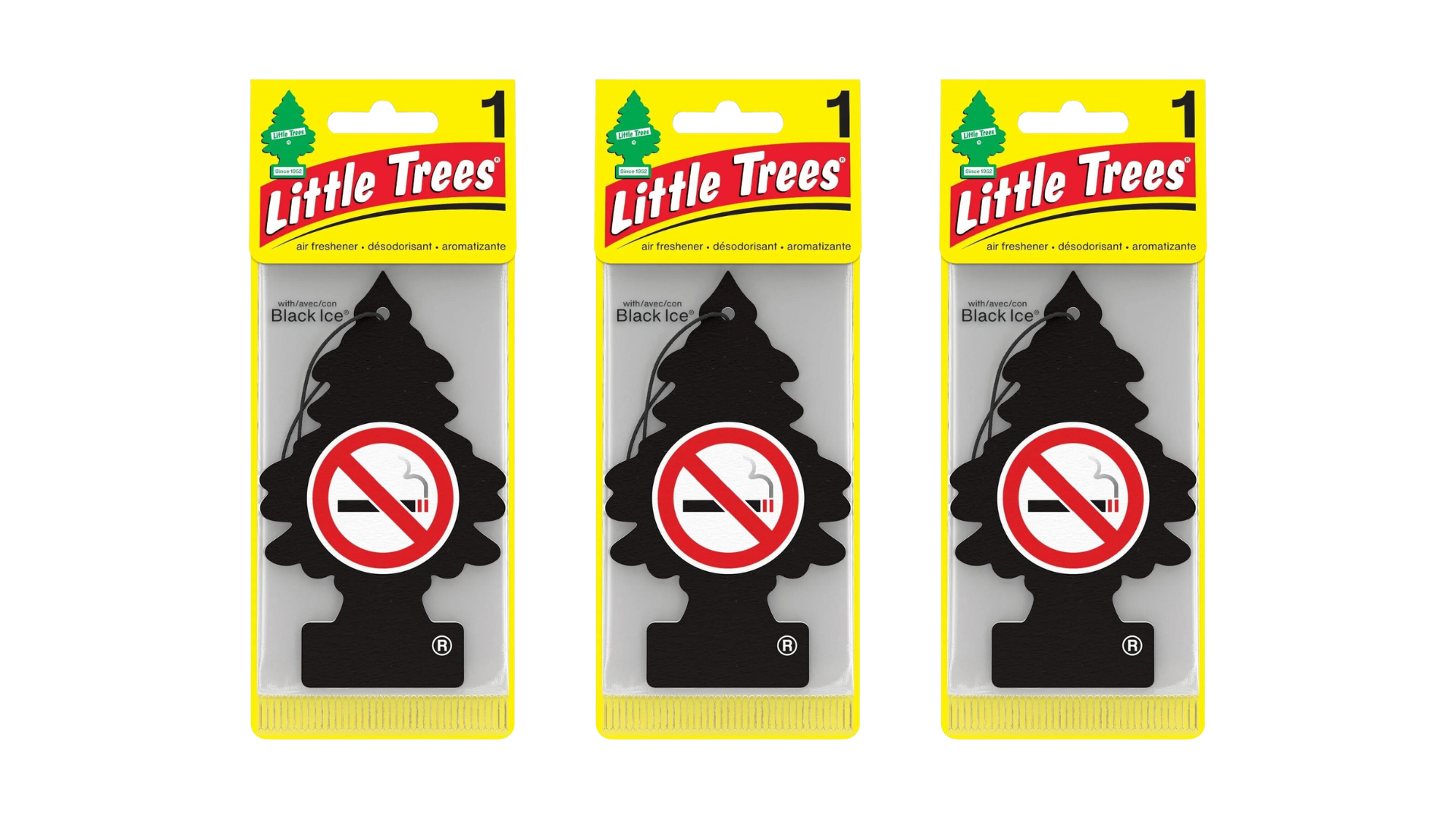 Three packages of Little Trees car air fresheners with no smoking symbol on a white background