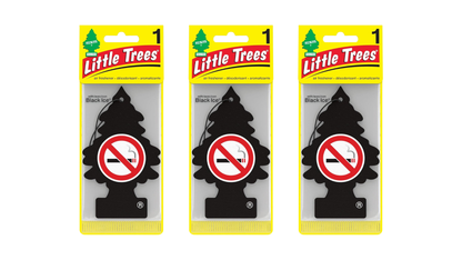 Three packages of Little Trees car air fresheners with no smoking symbol on a white background