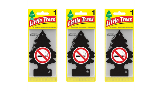 Three packages of Little Trees car air fresheners with no smoking symbol on a white background