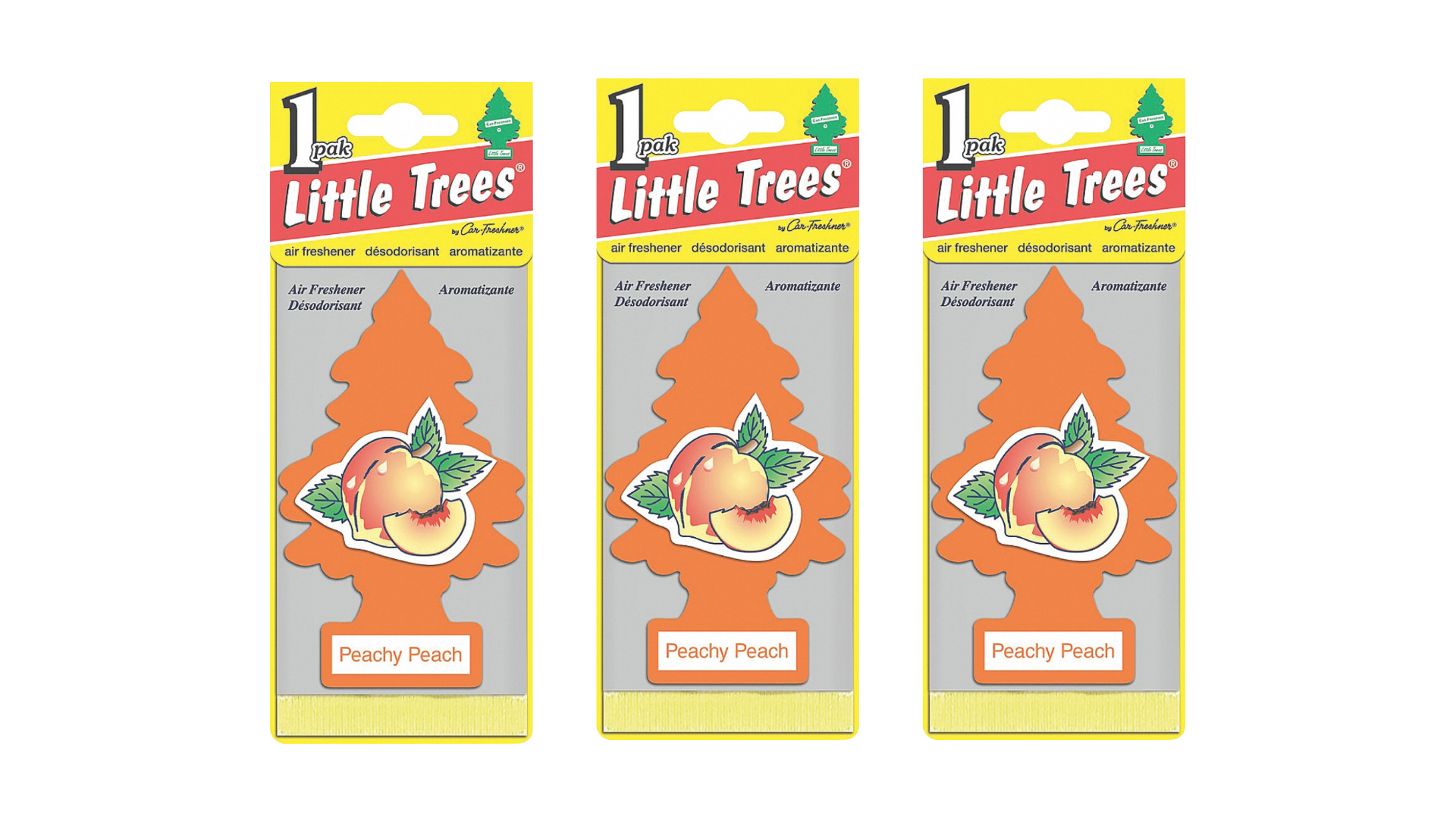 Three packages of Little Trees Dandy Peach air fresheners on a white background