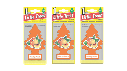 Three packages of Little Trees Dandy Peach air fresheners on a white background