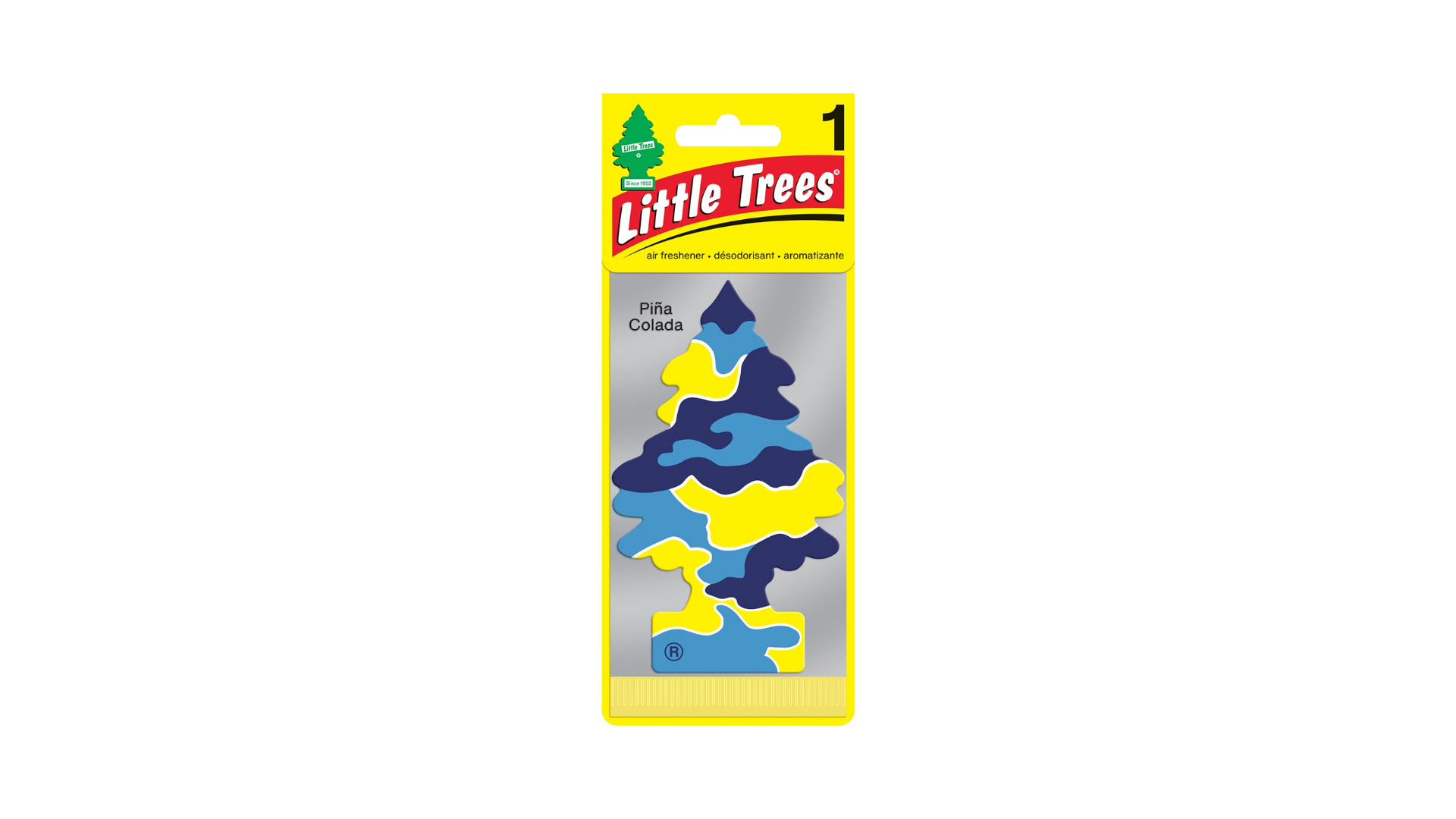 Little Trees air freshener packaging with blue and yellow design on a white background
