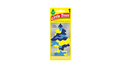 Little Trees air freshener packaging with blue and yellow design on a white background