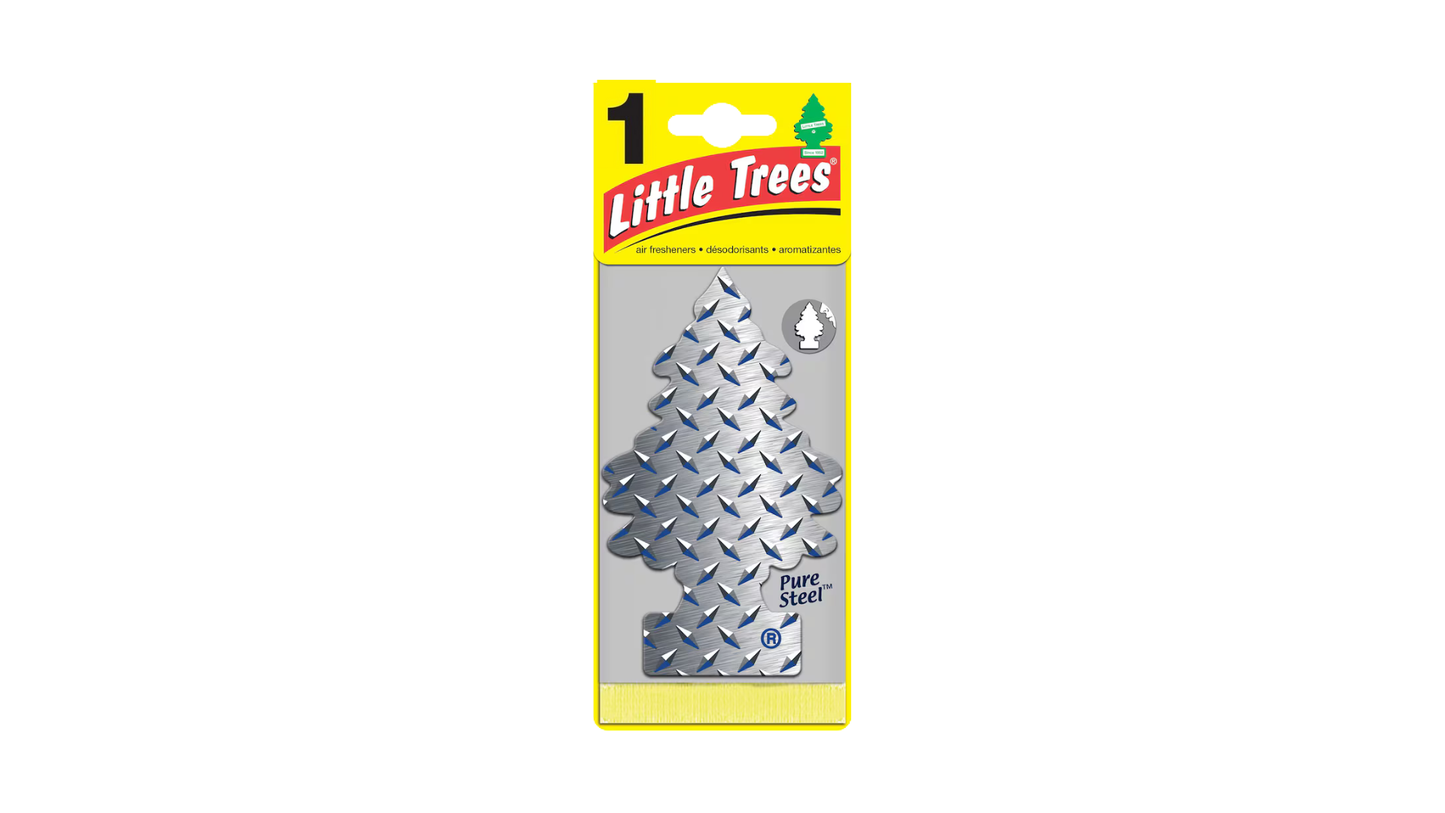 Little Trees air freshener packaging with silver tree-shaped product on a white background