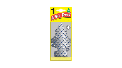 Little Trees air freshener packaging with silver tree-shaped product on a white background