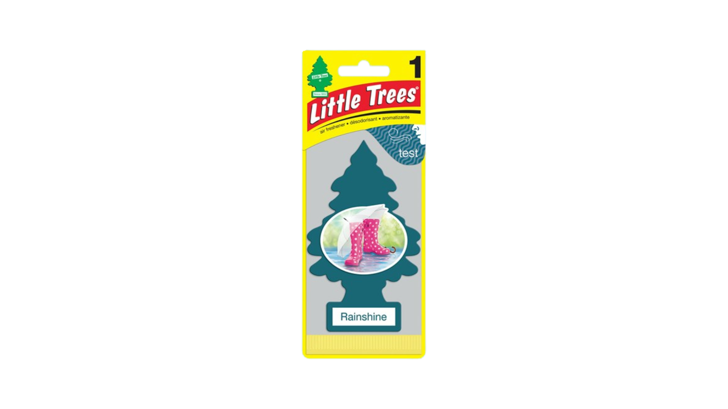 Little Trees Rainshine Air Freshener packaging on a white background.