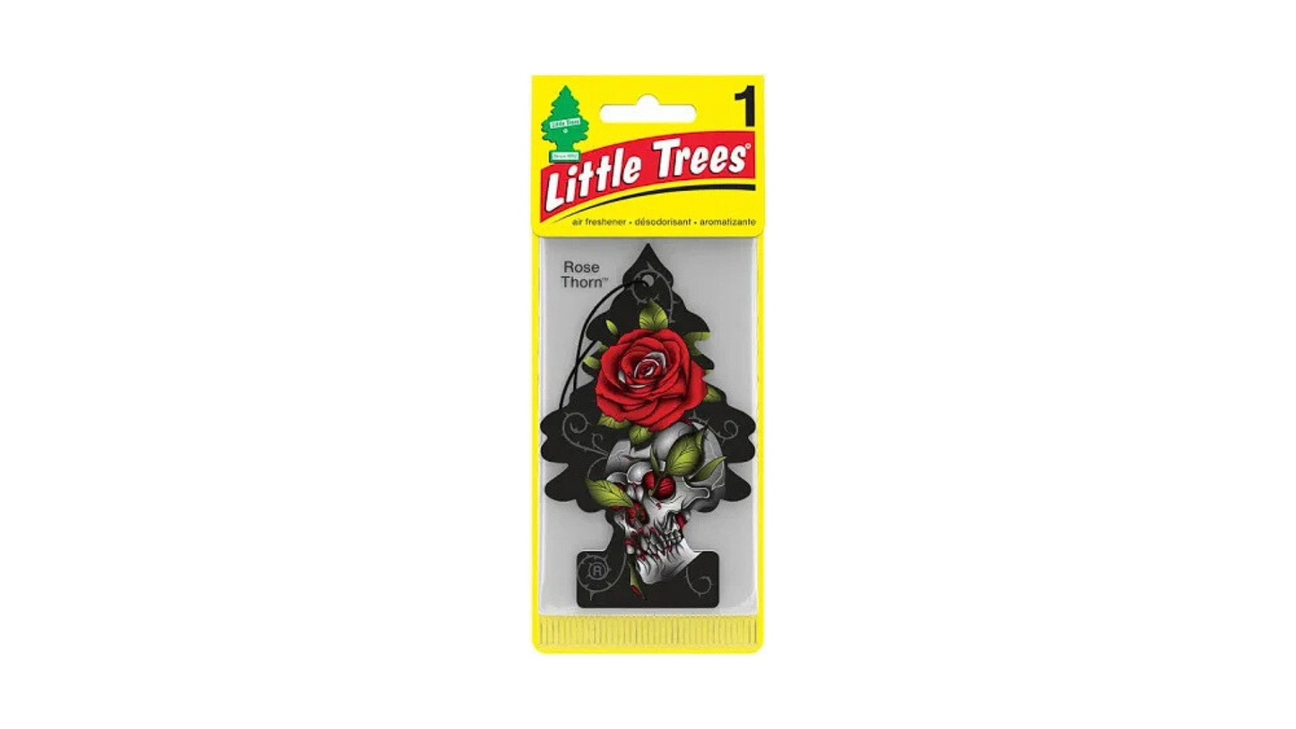 Little Trees air freshener with a rose and skull design on a white background