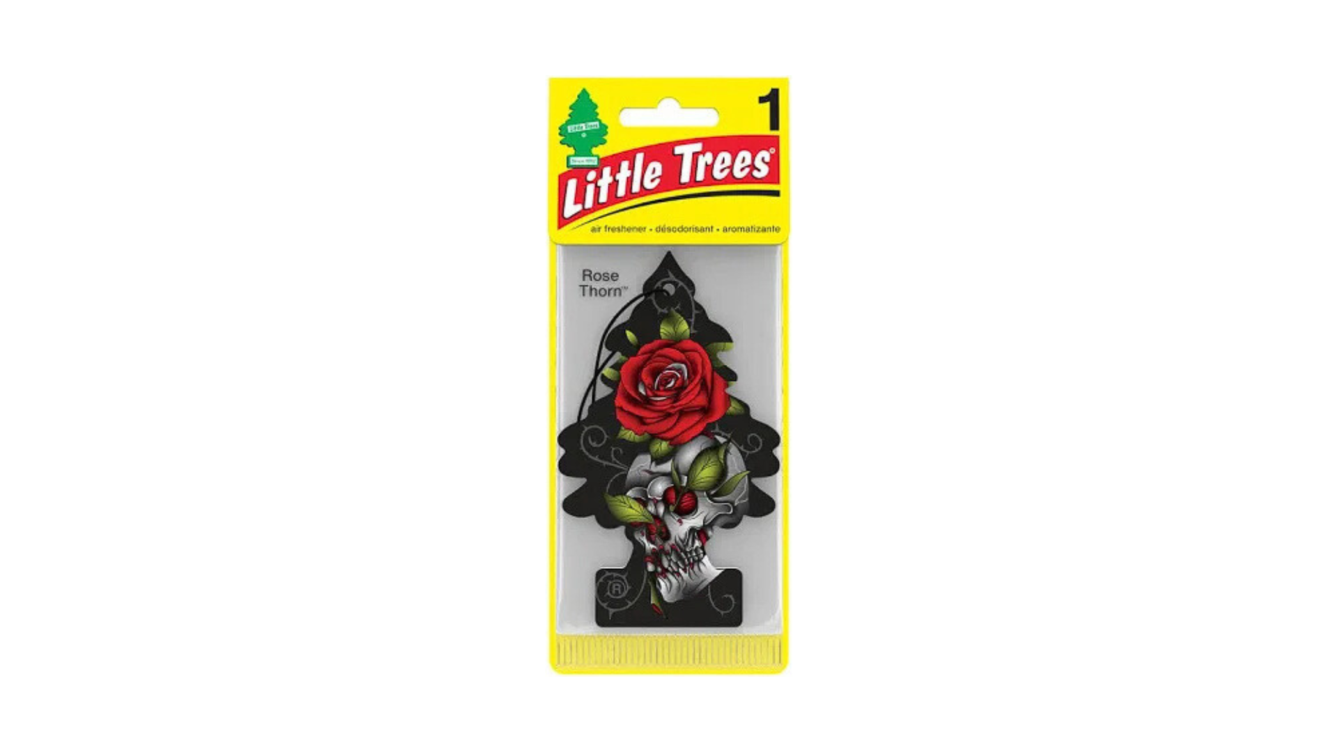 Little Trees air freshener with a rose and skull design on a white background
