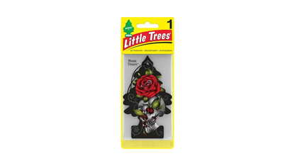 Little Trees air freshener with a rose and skull design on a white background