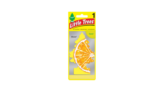 Little Trees air freshener packaging with orange scent on a white background