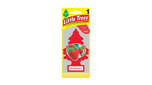 Little Trees air freshener with 'Strawberry' written across packaging on a white white background