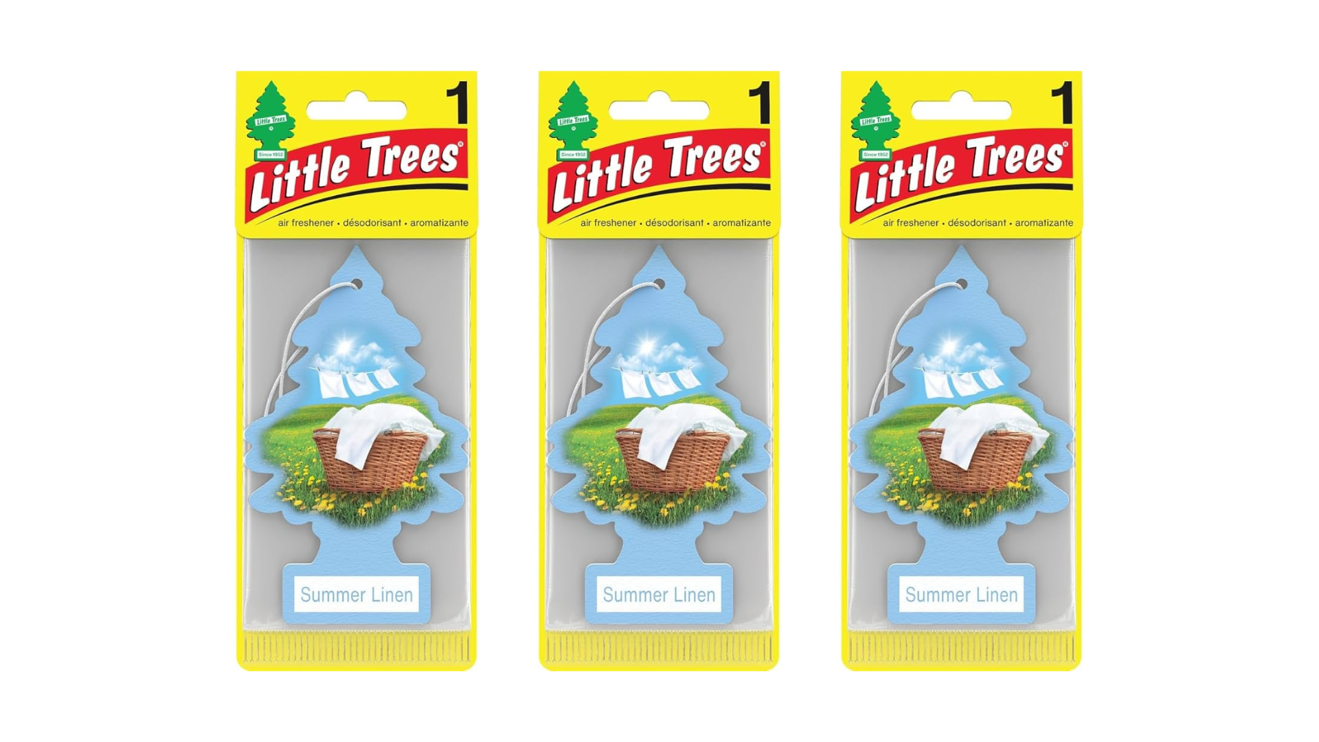Three packages of Little Trees air fresheners on a white background