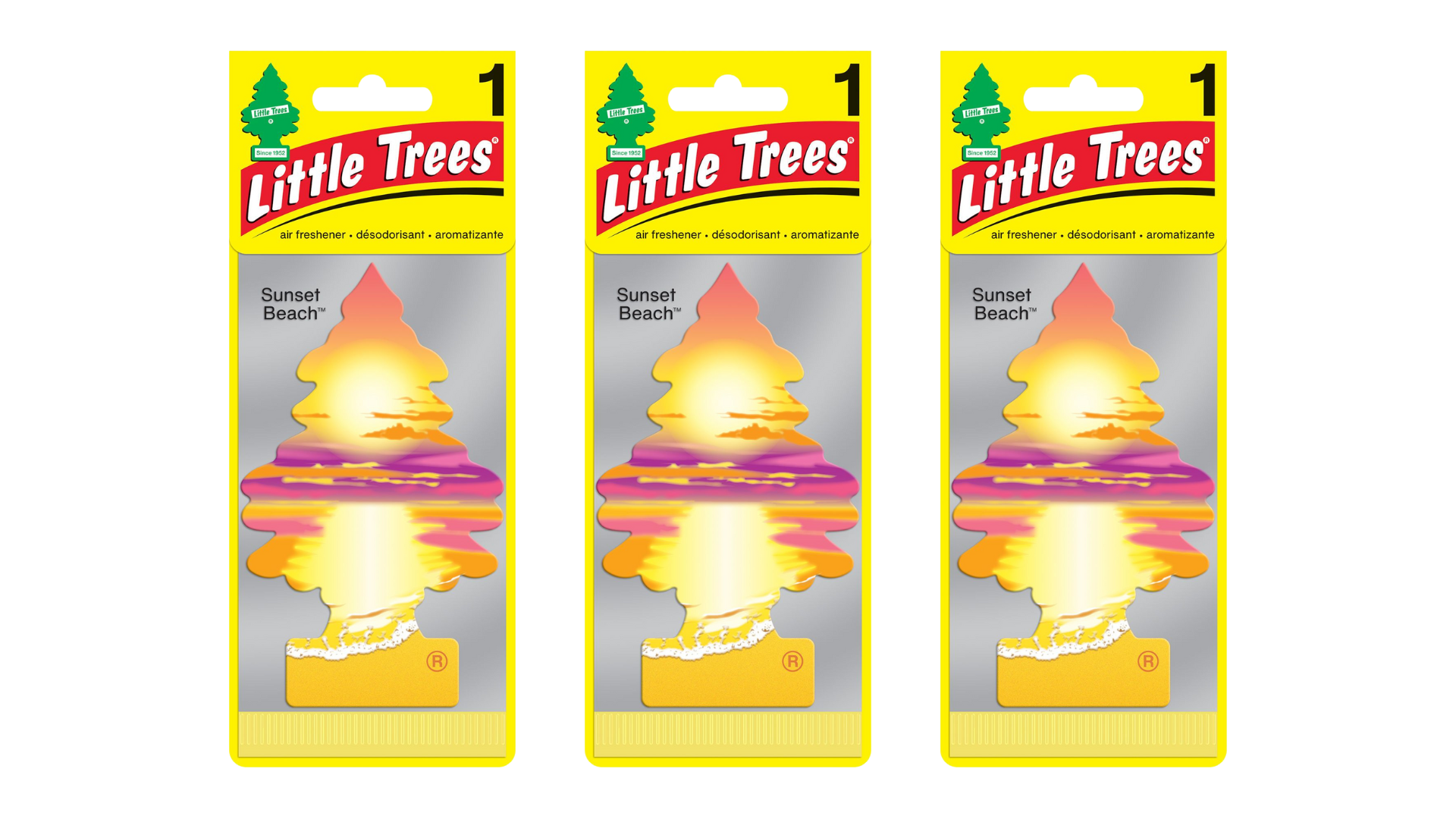 Three packages of Little Trees air freshener with sunset beach scent on a white background.