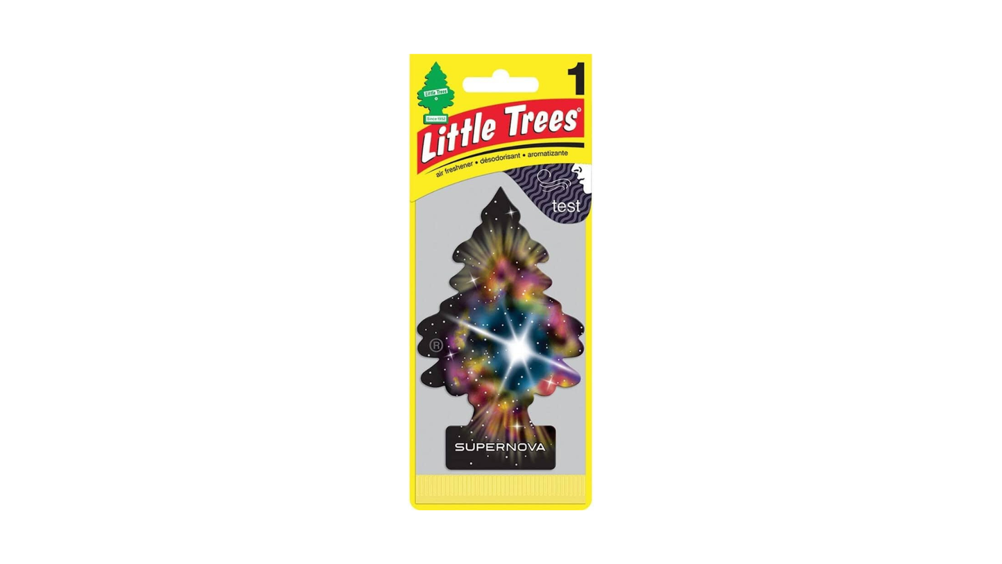 Little Trees air freshener packaging with colorful tree design on a white background