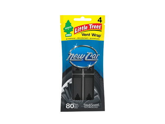 Little Trees vent wrap packaging with 'New Car' written on the center