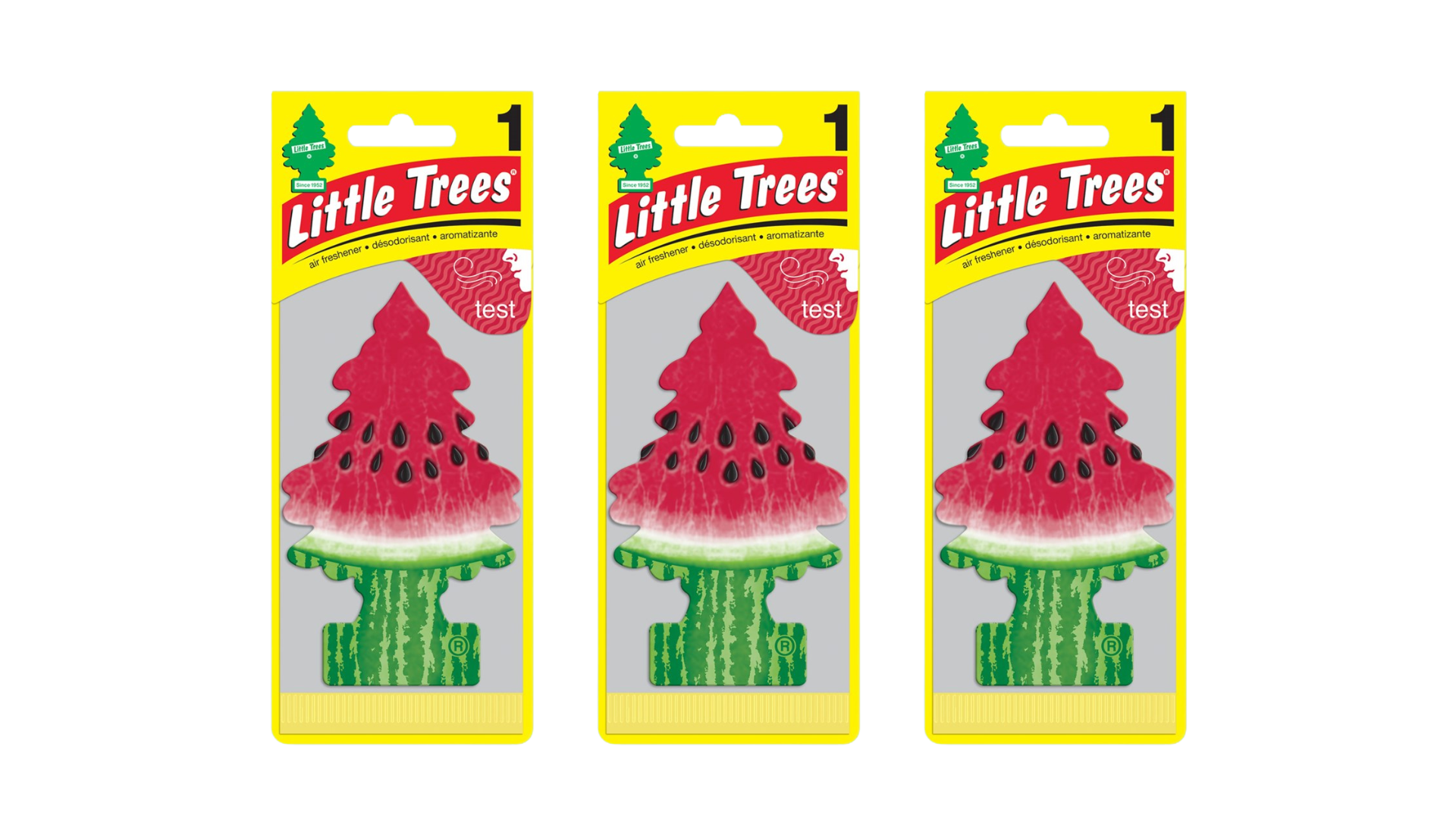 Three packages of Little Trees air fresheners with watermelon scent on a white background