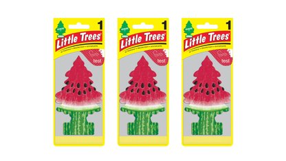 Three packages of Little Trees air fresheners with watermelon scent on a white background