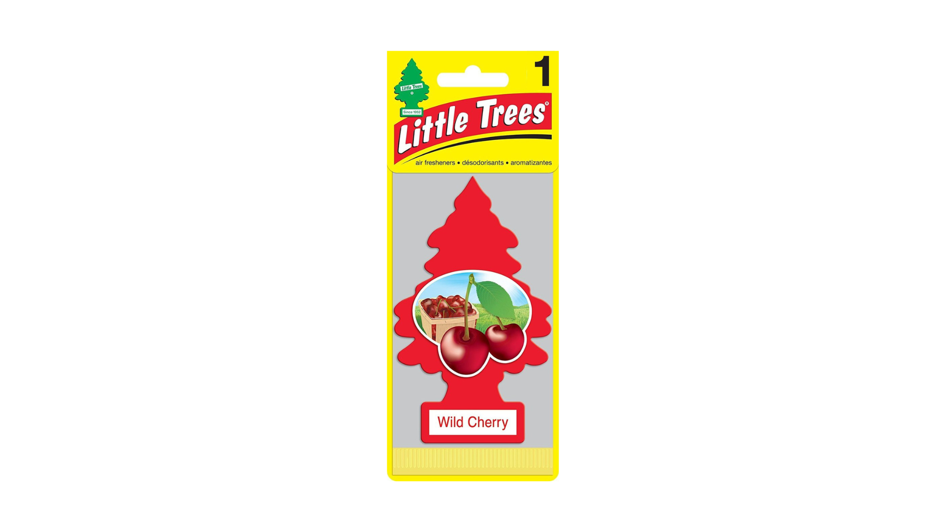 Little Trees air freshener packaging with a cherry image in the center on a white background