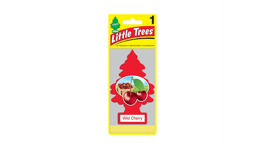 Little Trees air freshener packaging with a cherry image in the center on a white background