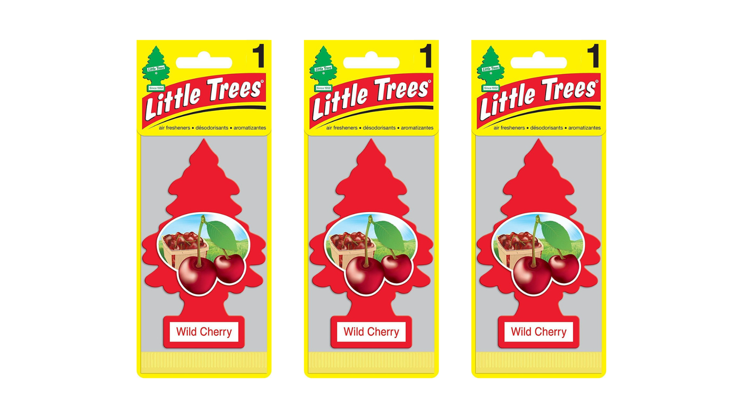 Three packages of Little Trees Wild Cherry air fresheners on a white background