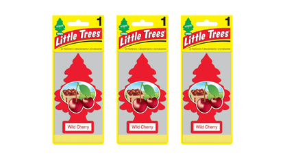 Three packages of Little Trees Wild Cherry air fresheners on a white background