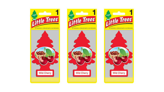 Three packages of Little Trees Wild Cherry air fresheners on a white background