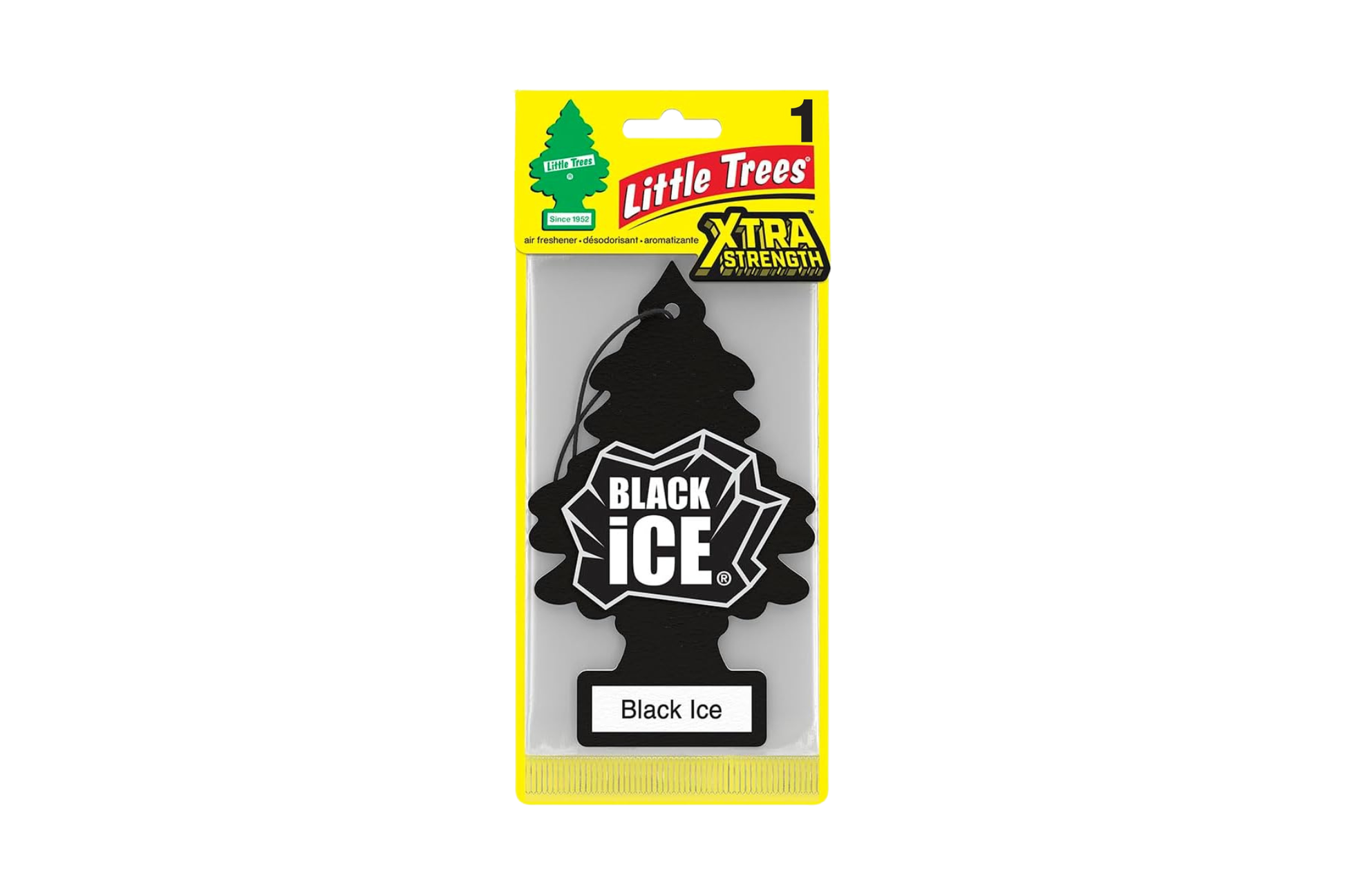 Little Trees Black Ice air freshener packaging on a white background.