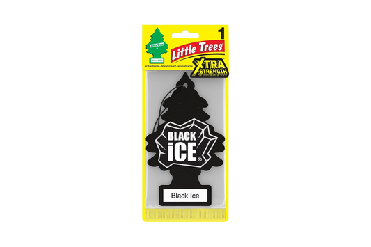 Little Trees Black Ice air freshener packaging on a white background.