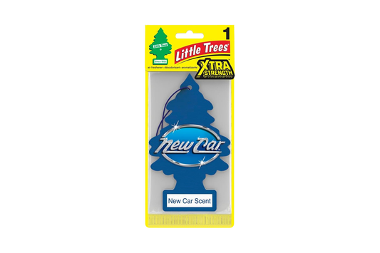 Little Trees car air freshener packaging with blue tree design on a white background