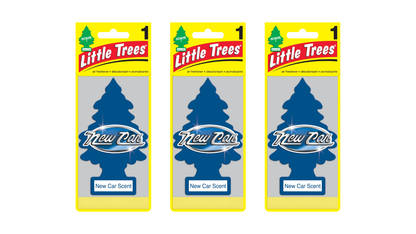 Three packages of Little Trees new car air fresheners on a white background