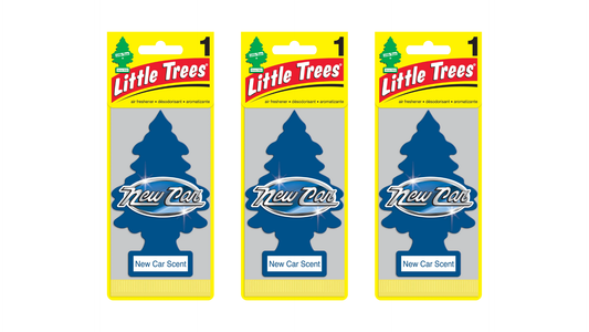 Three packages of Little Trees new car air fresheners on a white background