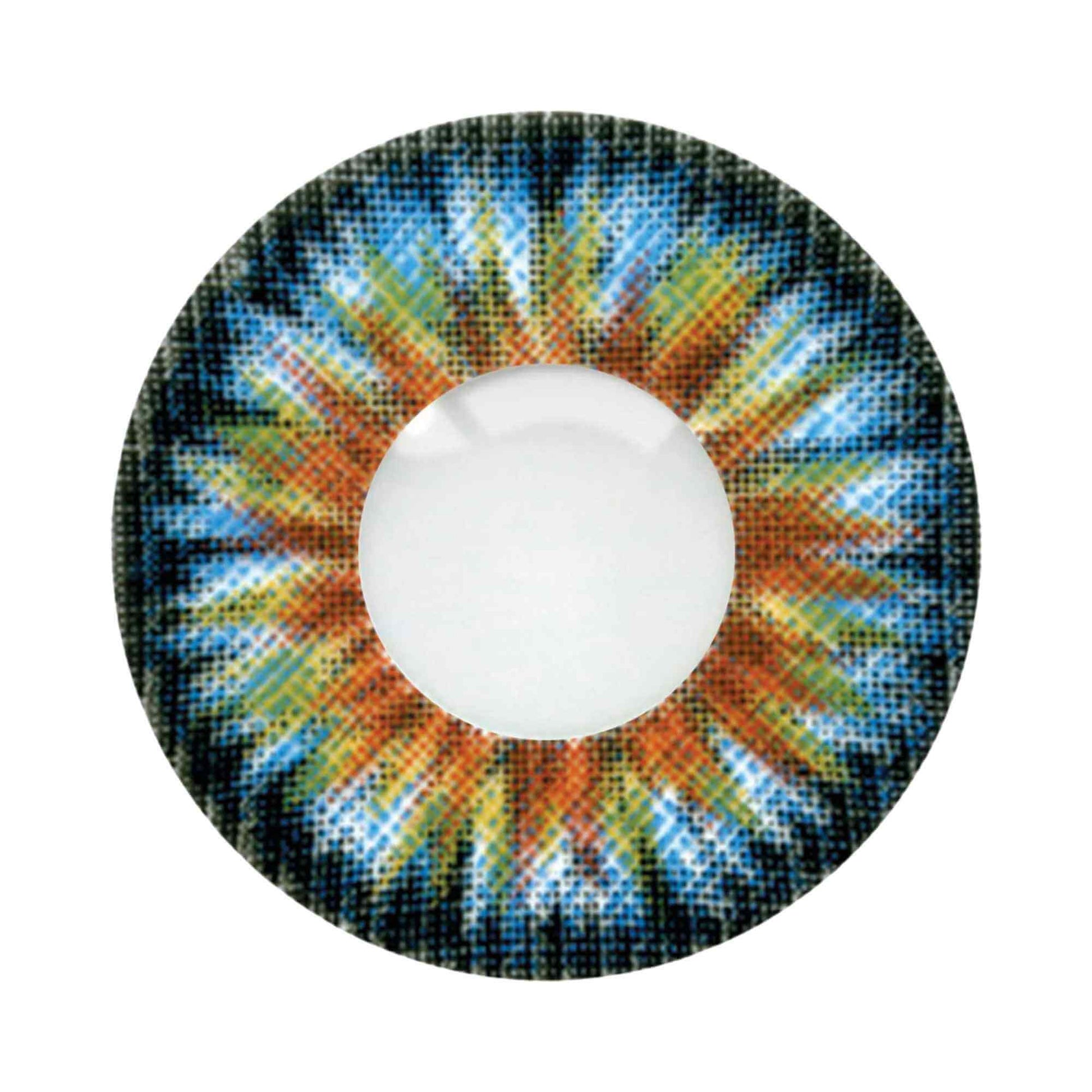 Colorful contact lens with a tie-dye pattern on a white background