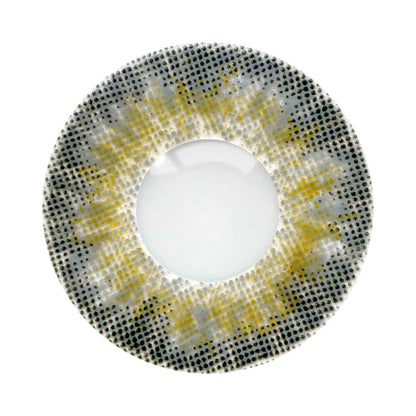 Round contact lens with yellow and black pattern on a white background