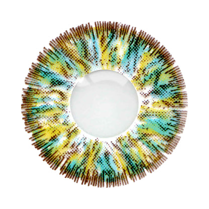 Image of multi colored contact lens on a white background.
