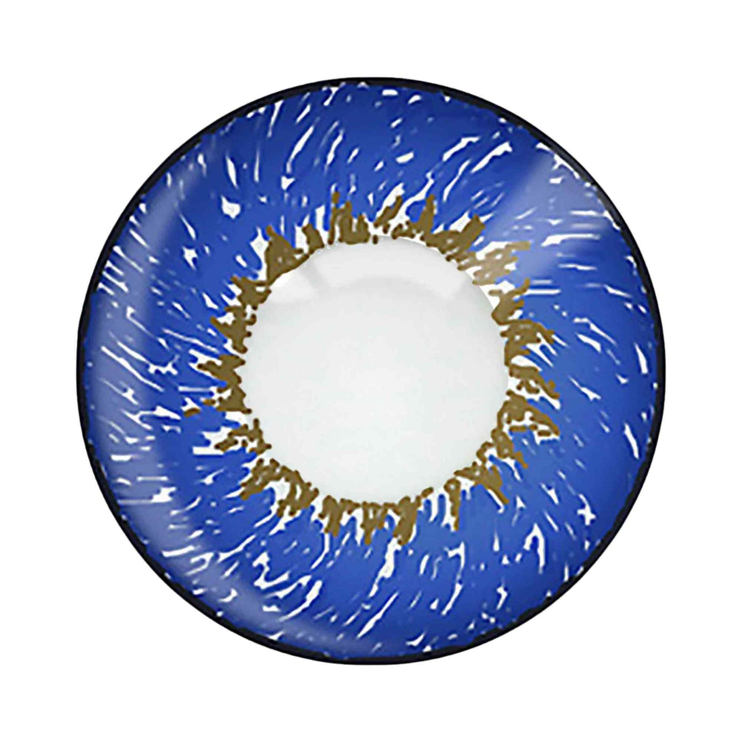 Blue contact lens with gold and white pattern on a white background