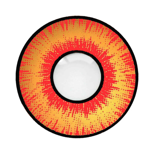 Contact lens with red, orange and yellow pattern on a white background.