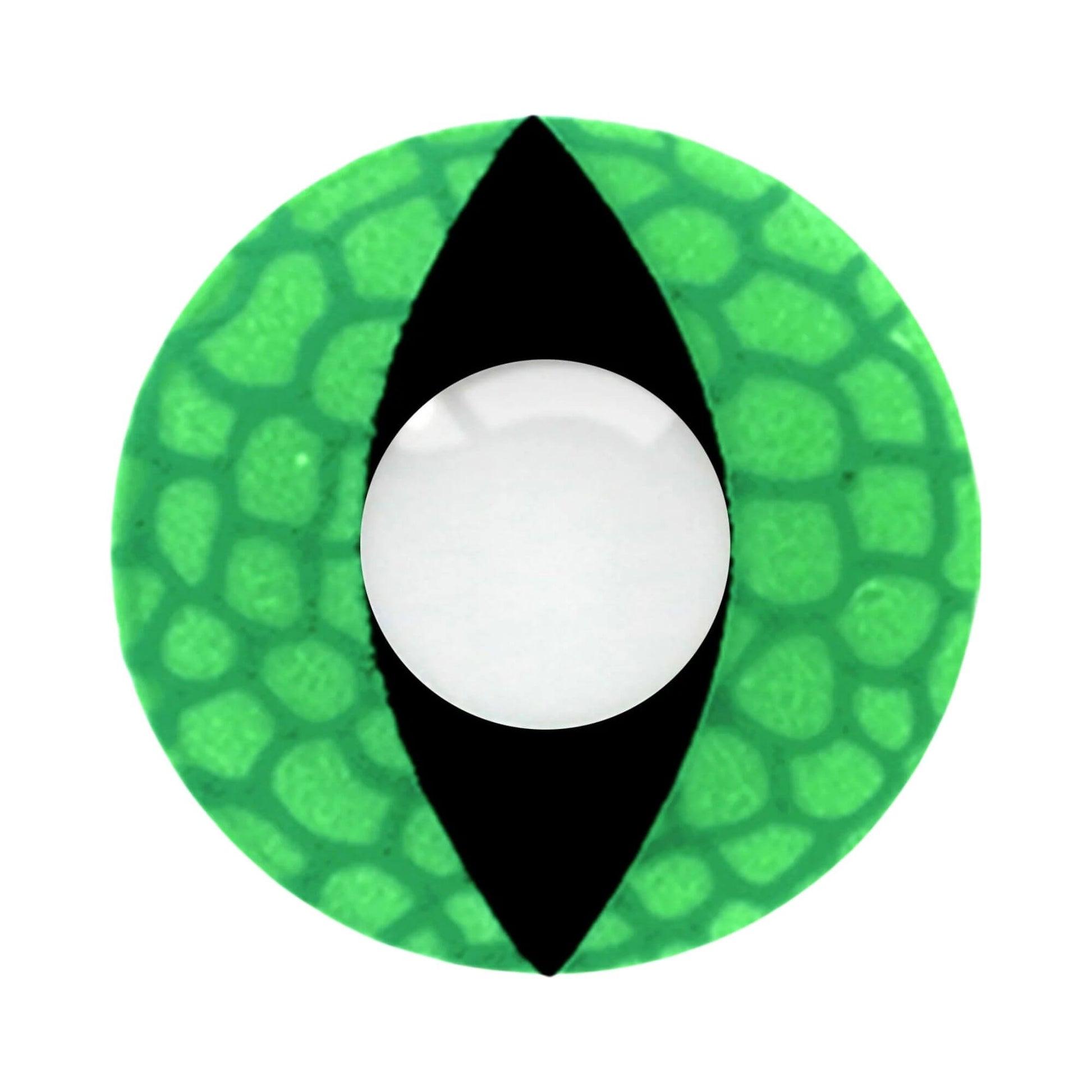 Contact lens with green patterned edge, black central shape, and white center on a white background.