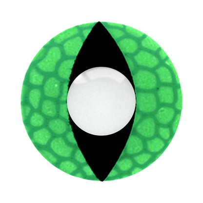 Contact lens with green patterned edge, black central shape, and white center on a white background.
