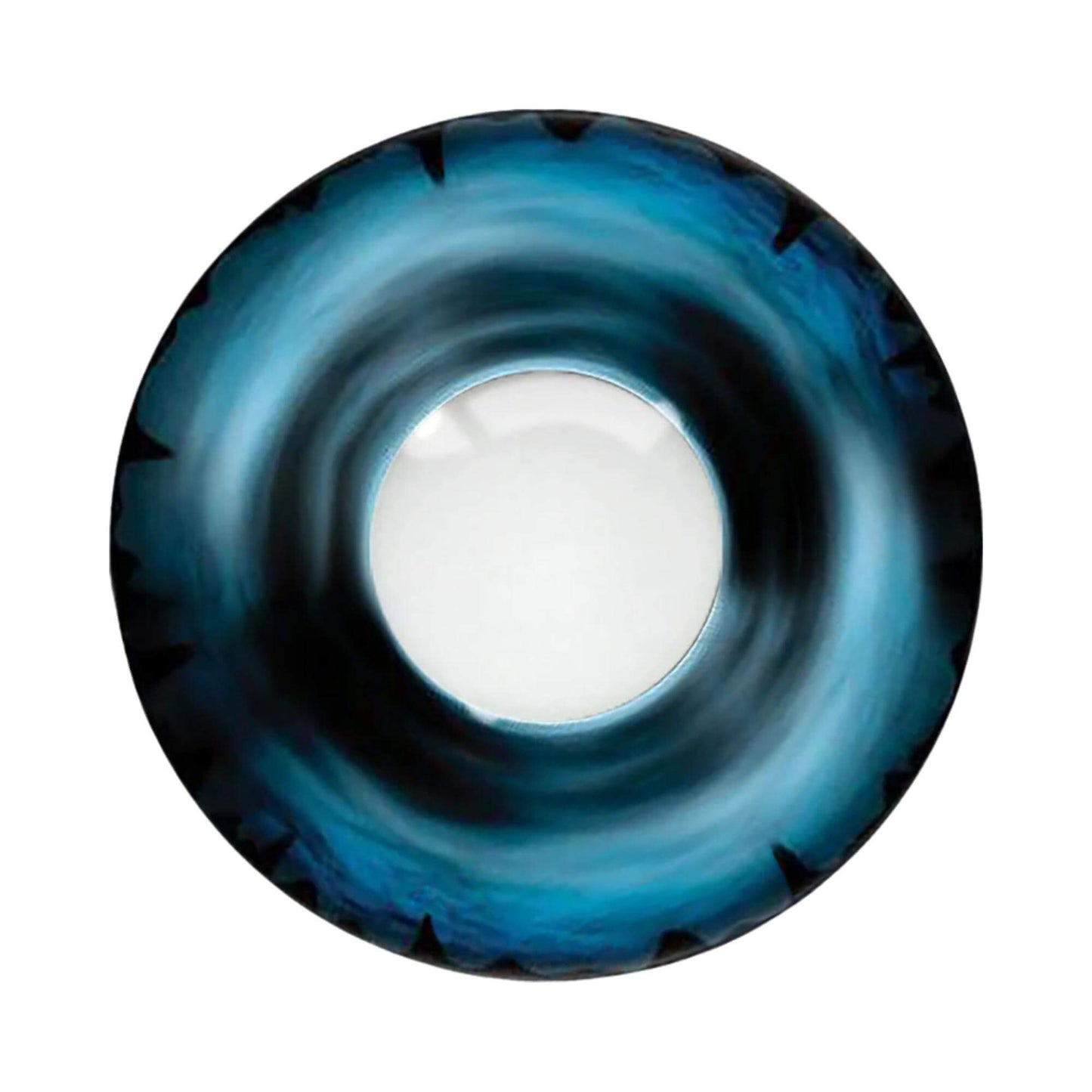 Blue and black contact lens with a central white circle on a white background.