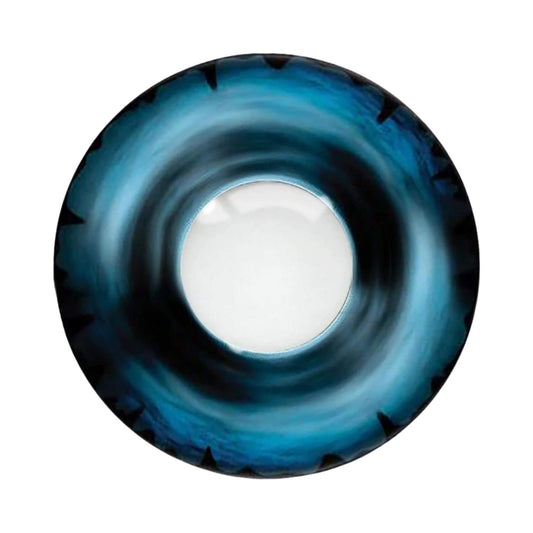 Blue and black contact lens with a central white circle on a white background.