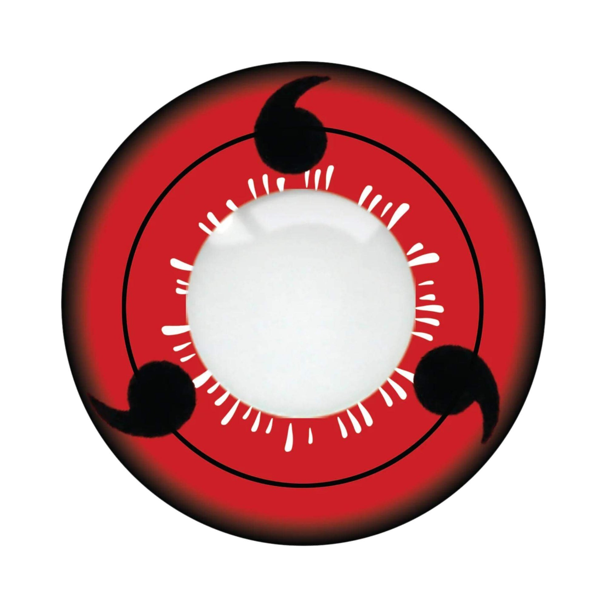 A red and black three-eye symbol Sharingan contact lens with a white center, shown on a plain white background.