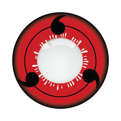 A red and black three-eye symbol Sharingan contact lens with a white center, shown on a plain white background.
