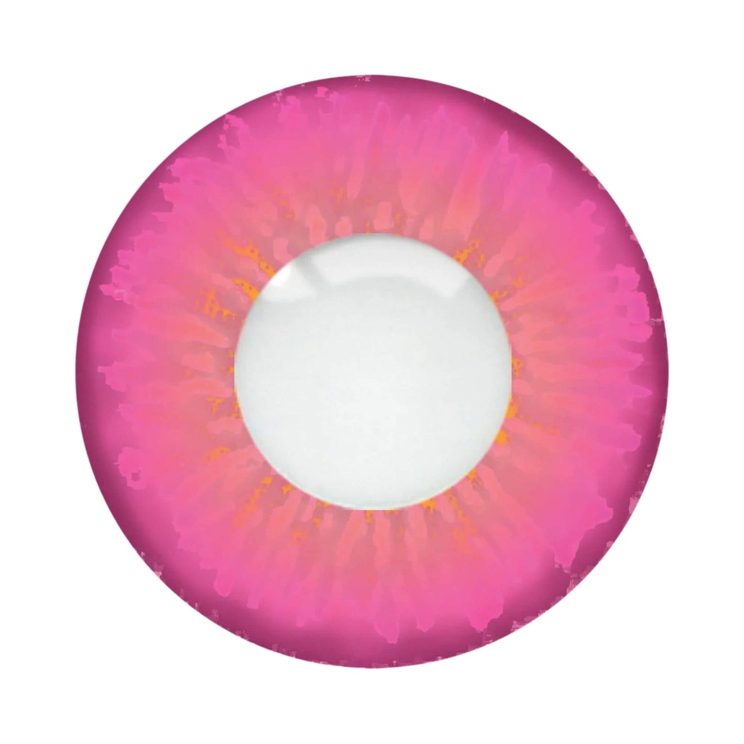 A single pink contact lens with a vibrant magenta ring and subtle orange-yellow radiating patterns, shown against a solid white background.