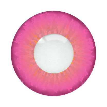 A single pink contact lens with a vibrant magenta ring and subtle orange-yellow radiating patterns, shown against a solid white background.