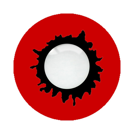 A circular red contact lens or cosmetic-style graphic with a black splatter-like ring and a white center on a plain white background.