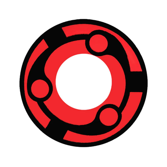 Contact lens with red and black design on a white background.