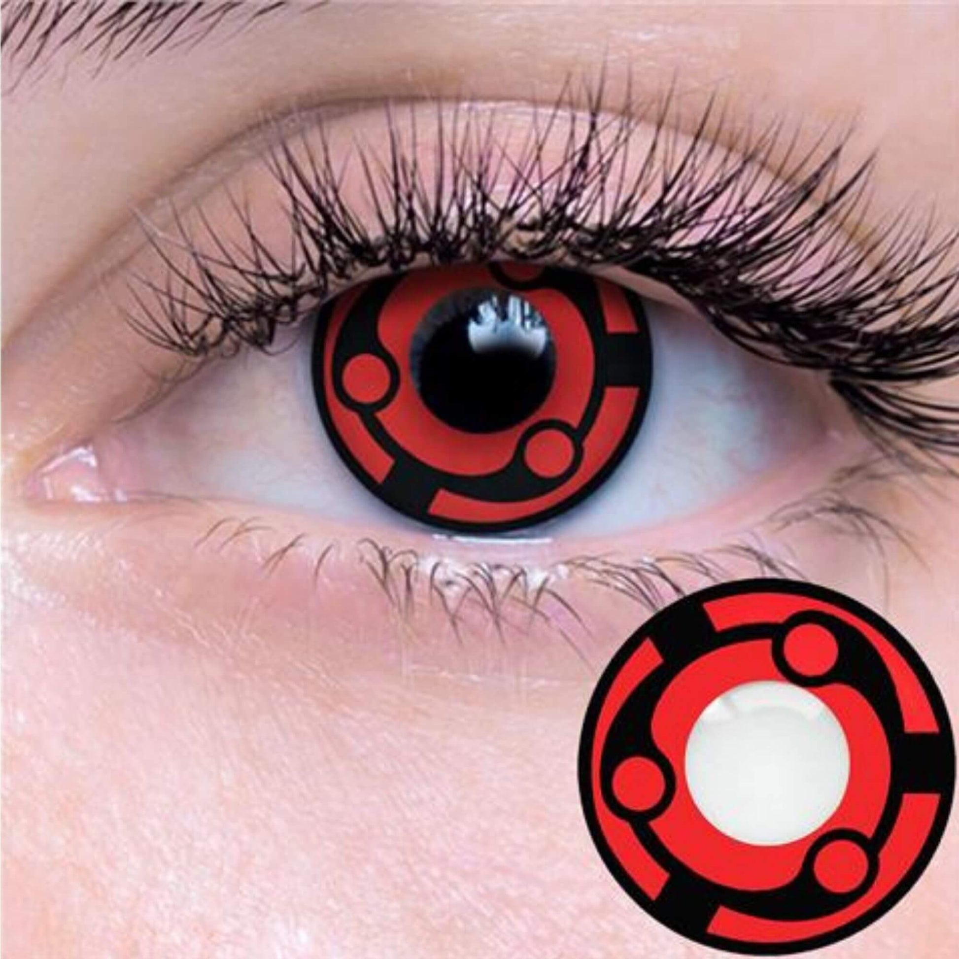 Picture of a red and black contact lens in an eye with a picture of contact lens in bottom right corner.